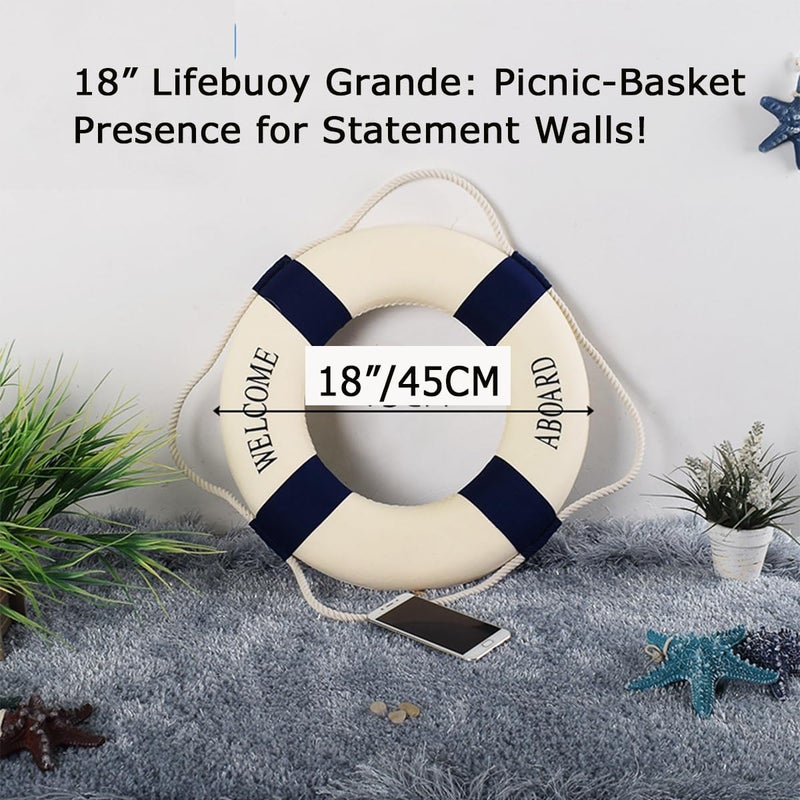 MorroMorn Lifebuoy Wall Hanging Decor - Welcome Aboard Mediterranean Style Home Decoration (Navy, 18") - Image 2